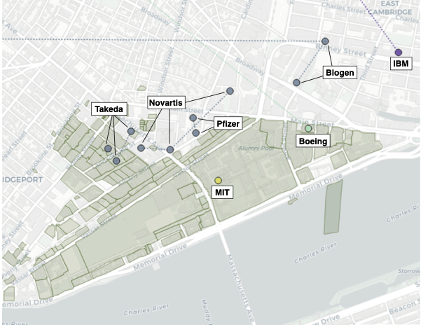 Figure 2: MIT deals land for war and medical apartheid. A subset of MIT’s real estate relationships and partnerships with pharma, weapons developers, and computing corporations in Kendall Square, Cambridge. MIT parcels as of 2021 shown in green (data from MassGIS).