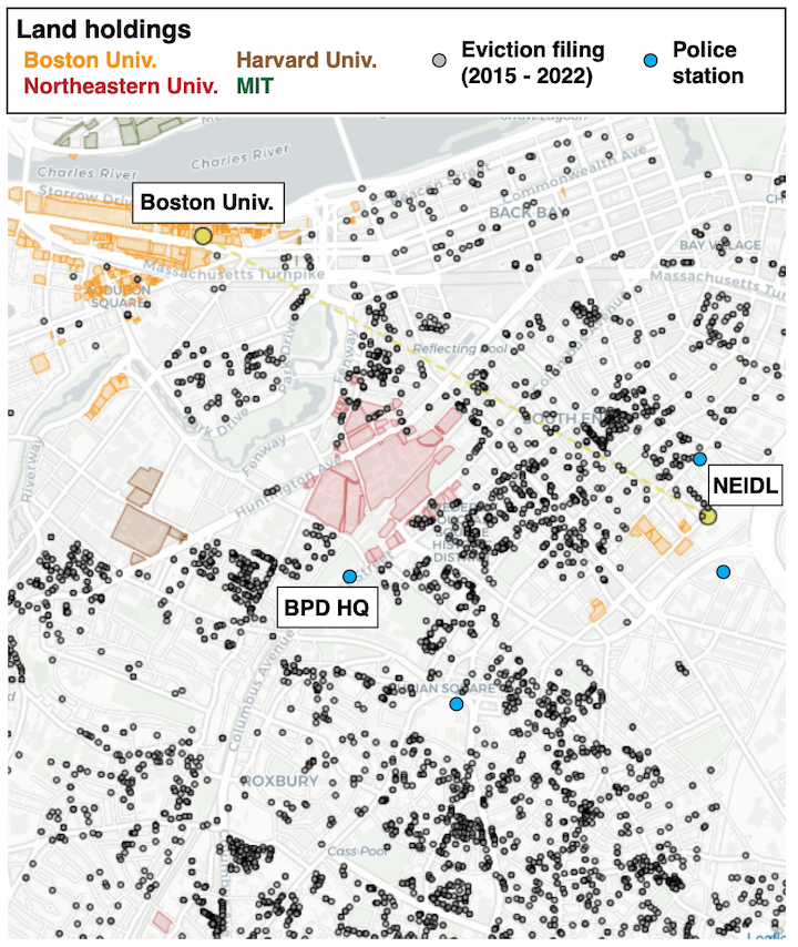 Figure 4: Universities grab land and create private wealth amidst displacement and ethnic cleansing. Universities’ land parcels are color-coded (Boston University’s parcels in orange), black dots indicate eviction filings filed between 2015-2022, and blue dots indicate police stations (data from MassCourts and MassGIS; note location of Boston Police Department Headquarters). Eviction filings are certainly an underestimate of the number of actual evictions, which often take place informally through intimidation, coercion, and/or punitive rent hikes, without leaving a legal record.