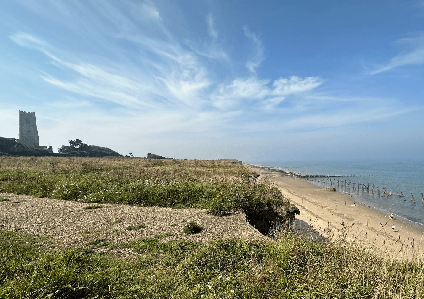A sandy beach with grass and a hole in the ground Description automatically generated