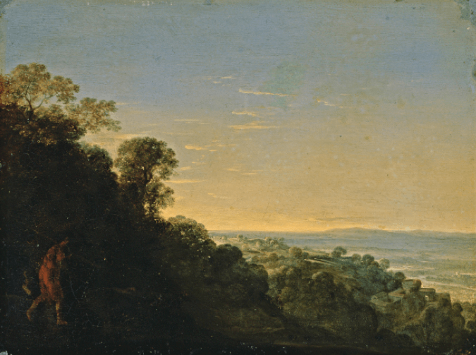 Aurora, oil on copper, 1606-9. Man walking on a hill at dusk.