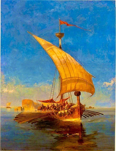 A painting of a ship with a flag on it Description automatically generated