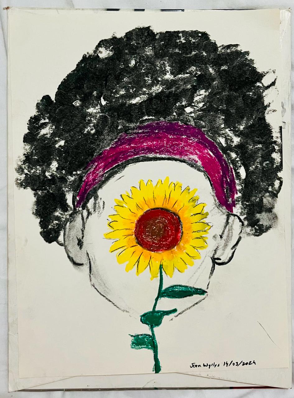 A drawing of a person's face with a flowerDescription automatically generated