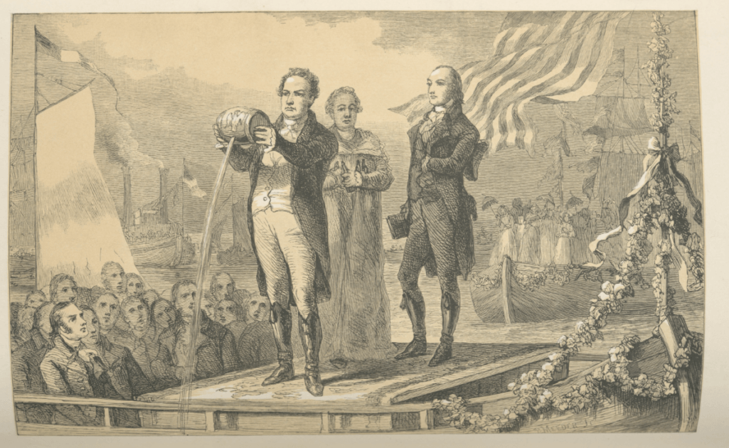 A drawing of a person pouring a barrel Description automatically generated