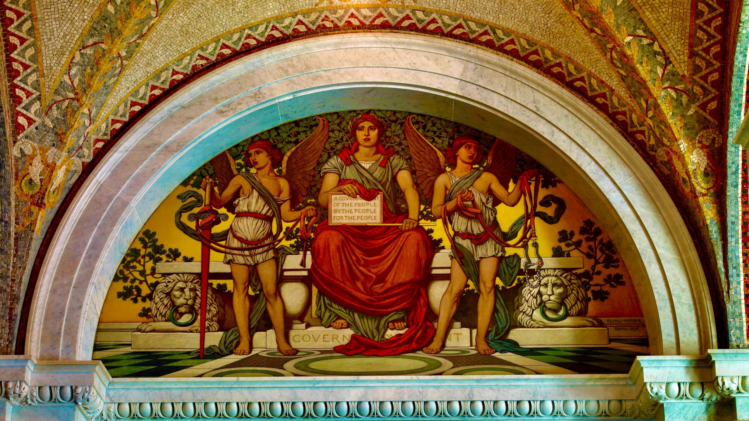A painting of angels in a building Description automatically generated