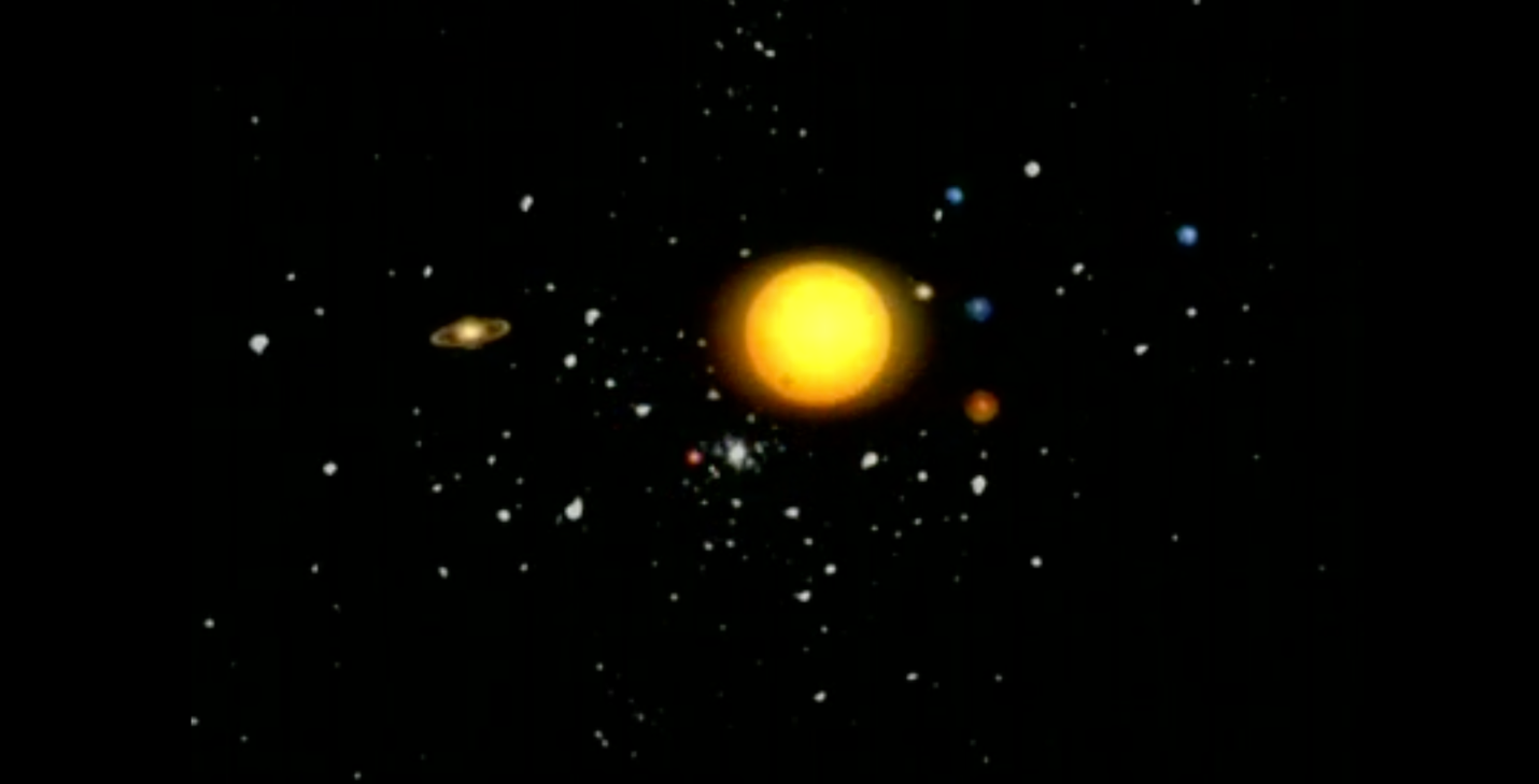 A bright yellow light in space Description automatically generated