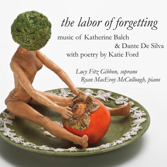 A statue of a person with a persimmon on a plate Description automatically generated