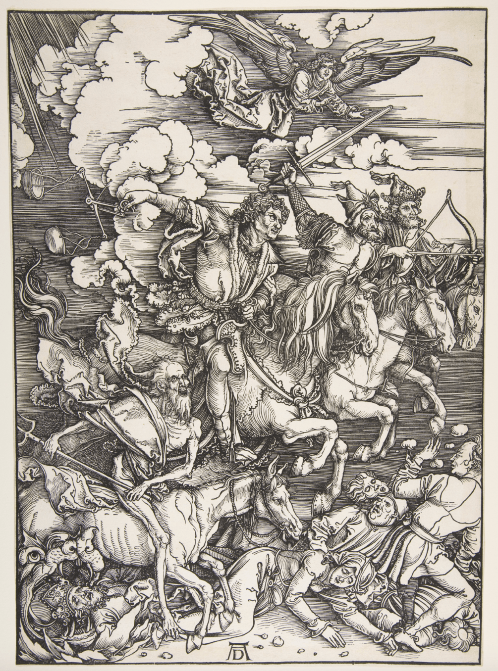 A drawing of a group of men on horses Description automatically generated