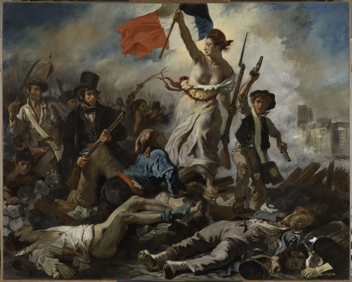 Eugène Delacroix, Liberty Leading the People (1830; oil on canvas, 260 x 325 cm; Paris, Louvre). After restoration