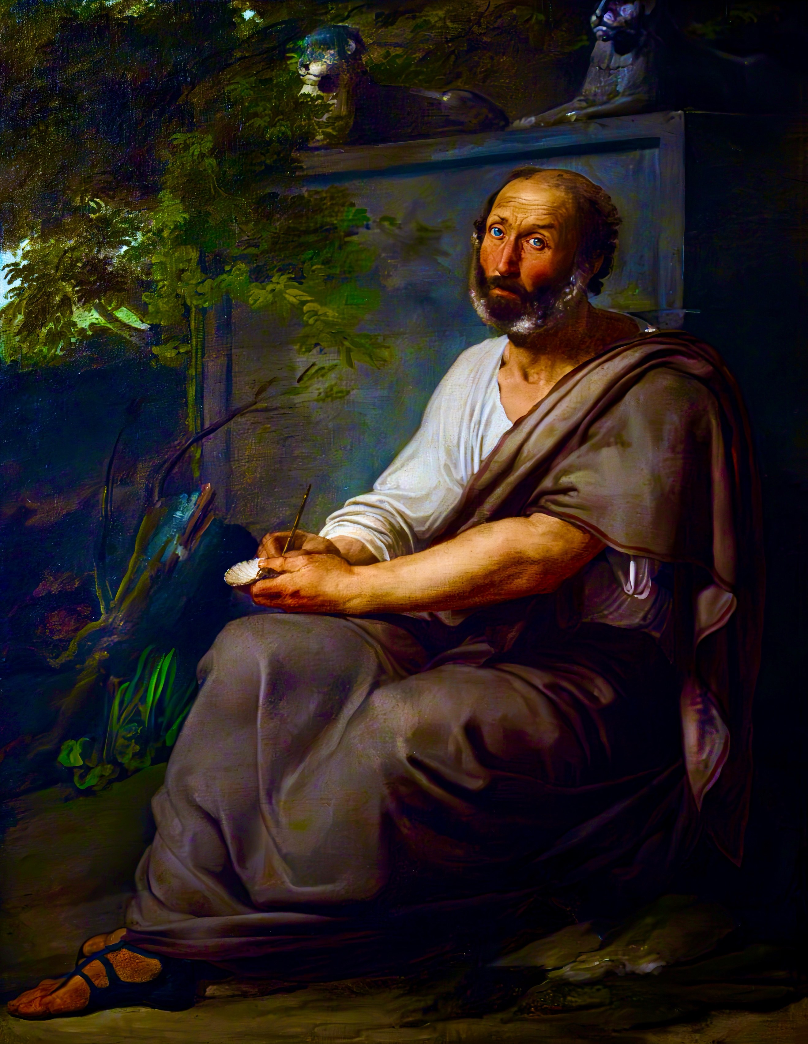 A painting of a person sitting in a chair AI-generated content may be incorrect.