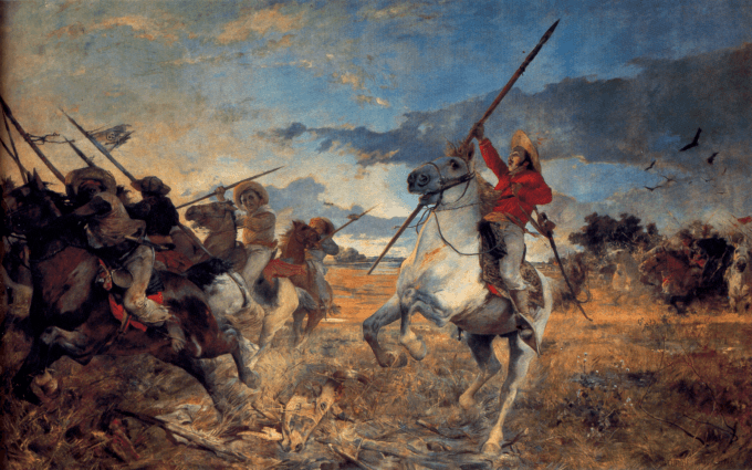 A painting of men riding horsesAI-generated content may be incorrect.